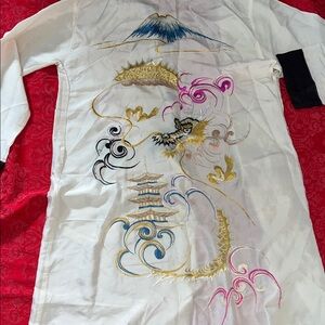 Vintage 1940s–1960s Asian Silk Embroidered Dragon Robe Kimono Jacket Ivory Black